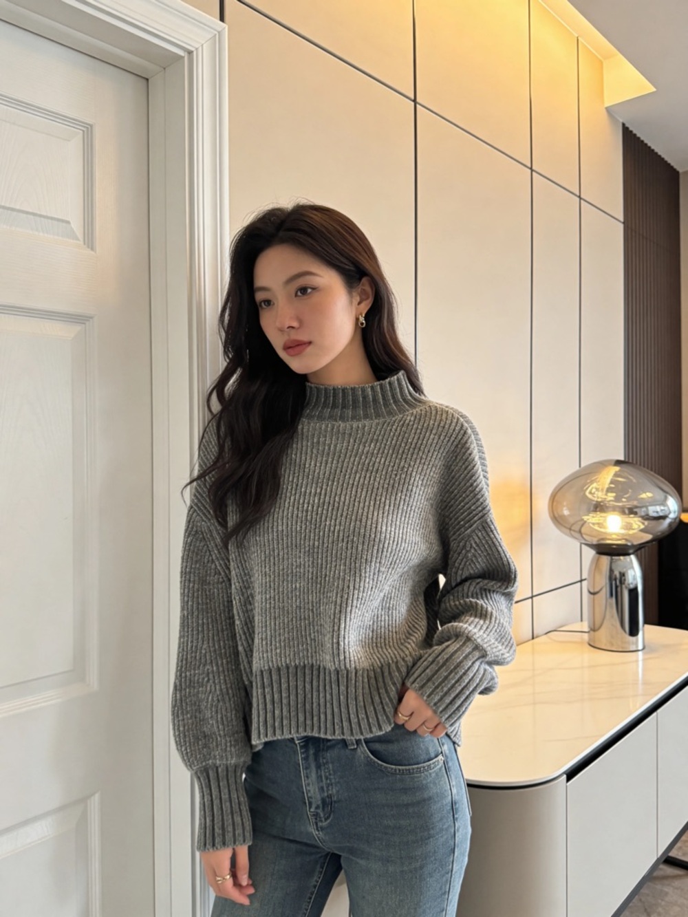 Cynthia Rowley Grey Ribbed Mock-Turtleneck Sweater